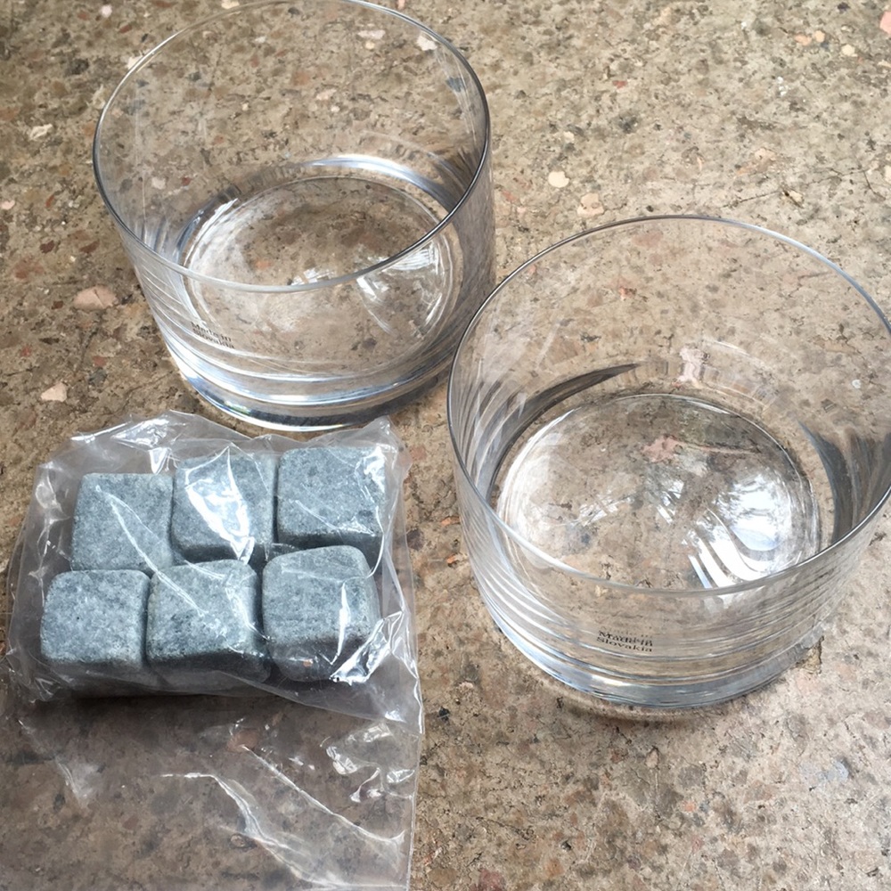 Gift Idea - Whiskey sipping glasses w/stone “ice” cubes.  2 glasses/6 cubes